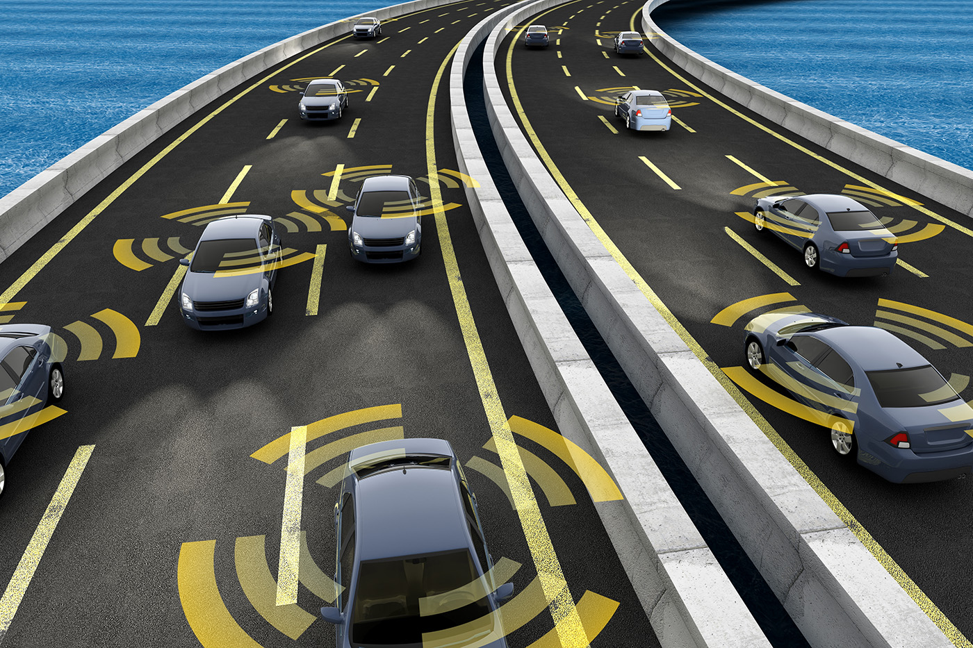 Autonomous cars on a road with visible connection